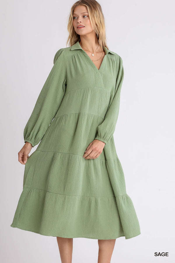 Gauze Long Sleeve Tiered Maxi Dress