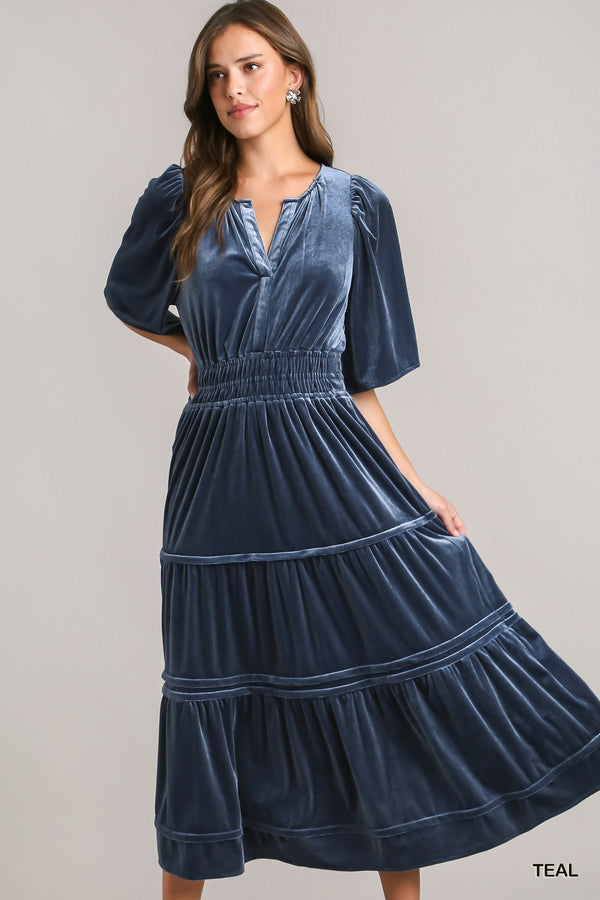 Velvet Tiered Maxi dress with Smocked Waistband