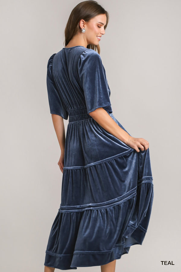 Velvet Tiered Maxi dress with Smocked Waistband