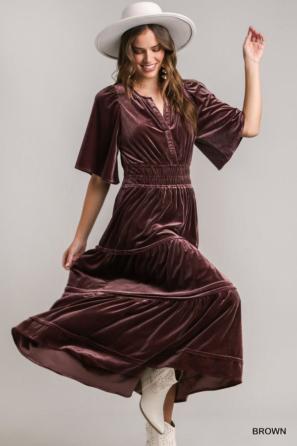 Velvet Tiered Maxi dress with Smocked Waistband